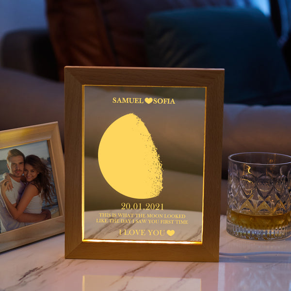 Custom Moon Phase and Names Frame Lamp with Personalized Text - Myphotomugs