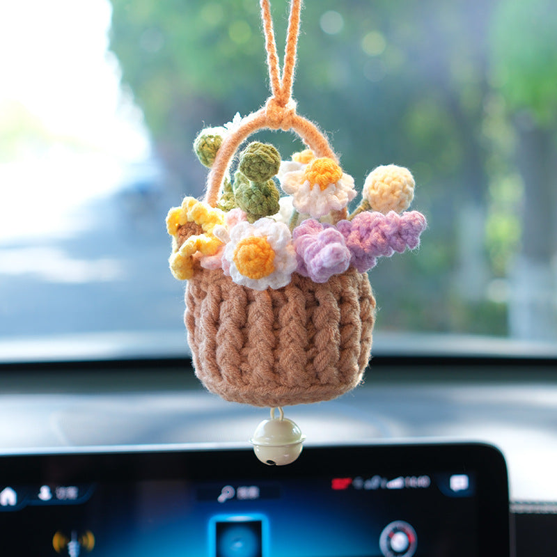 Cute Knitted Flowers Basket Crochet Plant Car Mirror Hanging Accessories Gift for Her - Myphotomugs