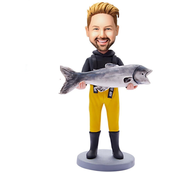 Custom Bobblehead Holding Fish Man With Engraved Text - Myphotomugs