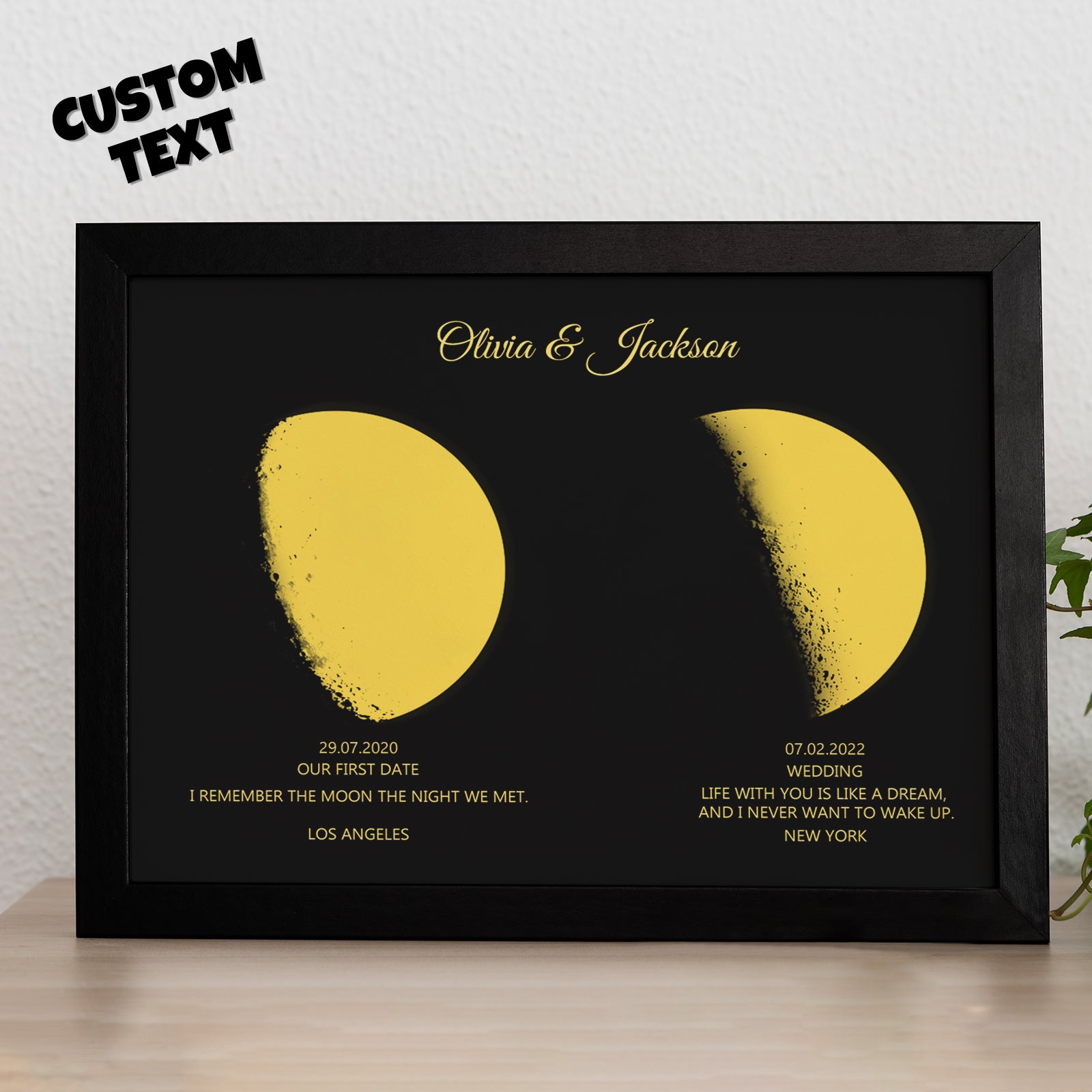 Custom Moon Phase and Names Wooden Frame with Personalized Text Gold Moon - Myphotomugs