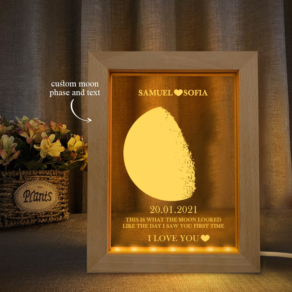Custom Moon Phase and Names Frame Lamp with Personalized Text - Myphotomugs