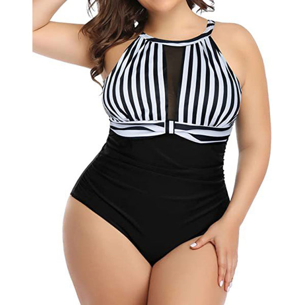 Plus Size Stripe Lace Backless Swimsuit Sexy Swimsuit