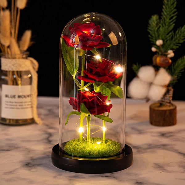 Mother's Day Gifts Romantic Simulation Eternal Three Rose Flower Glass Cover LED Micro Landscape Gifts