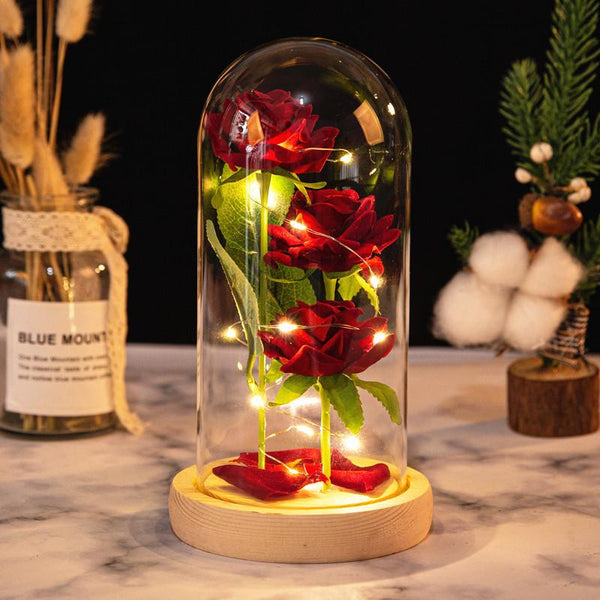 Mother's Day Gifts Romantic Simulation Eternal Three Rose Flower Glass Cover LED Micro Landscape