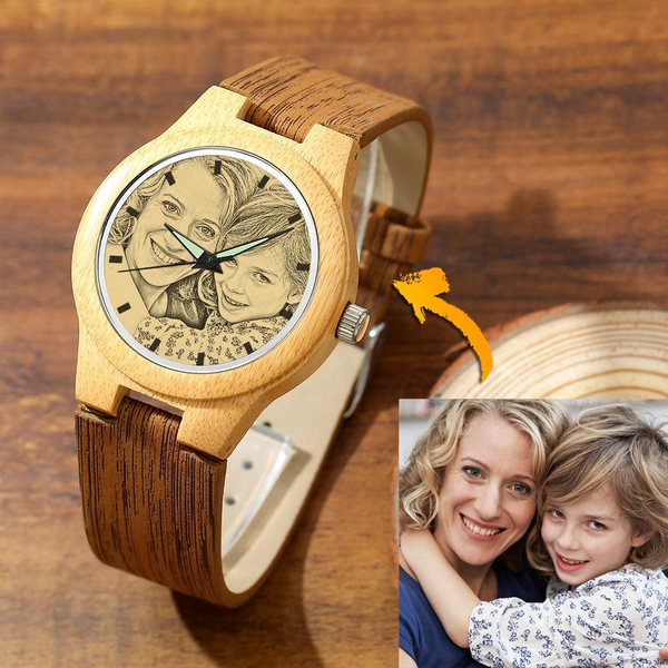 To Mom Engraved Bamboo Photo Watch Dark Green Leather Strap 40mm-Mom,I Love You Forever