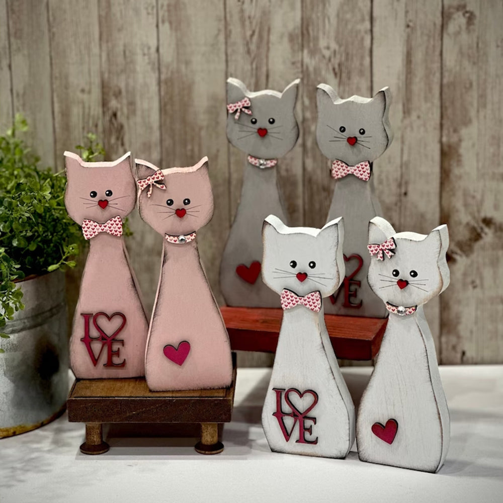 Wooden Couple Cat Home Decor Tall Skinny Cat Figurines Valentine's Day Gift for Couple - Myphotomugs