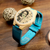 Women's Engraved Wooden Photo Watch Blue Leather Strap - Bamboo