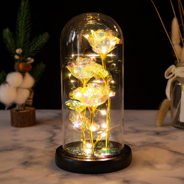 Mother's Day Gifts Romantic Simulation Eternal Three Colorful Roses Glass Cover LED Micro Landscape