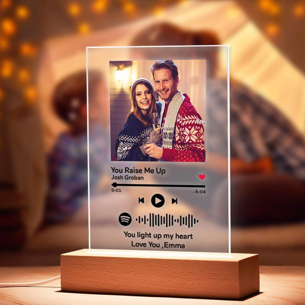 Personalized Spotify Code Music Plaque Night Light With Wooden Base Anniversary Gifts for Boyfriend