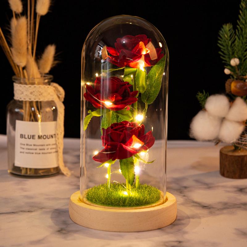 Mother's Day Gifts Romantic Simulation Eternal Three Rose Flower Glass Cover LED Micro Landscape Gifts