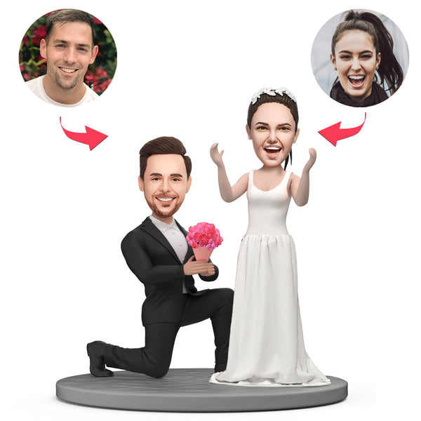 Proposing Couple Holding Flowers Custom Bobblehead with Engraved Text - Myphotomugs