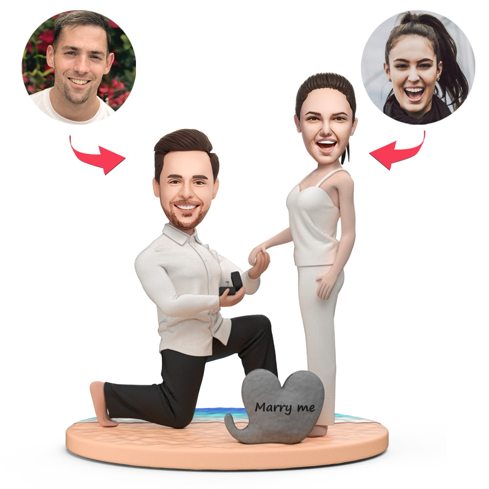 Proposing Couple On The Beach Custom Bobblehead with Engraved Text - Myphotomugs