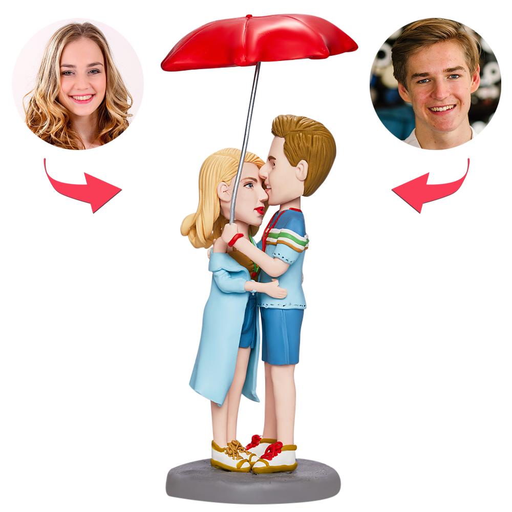 Valentines Gift Lover Hugging Under Umbrella Custom Bobblehead with Engraved Text - Myphotomugs