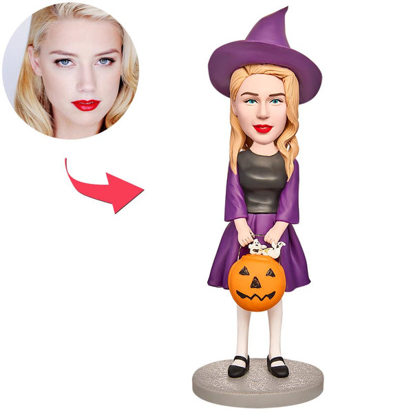 Halloween Gift Little Witch with Jack-O-Lantern Custom Bobblehead with Engraved Text - Myphotomugs