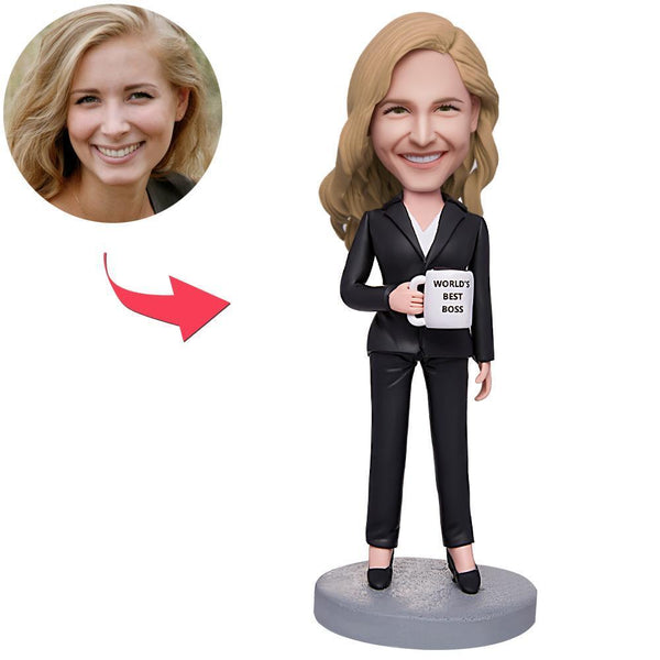 Christmas Gifts - World's Best Boss Business Woman Holding A Water Glass Custom Bobblehead With Engraved Text
