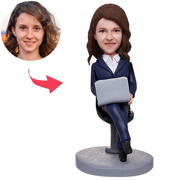 Female Boss Working With Laptop Engraved Text Custom Bobblehead