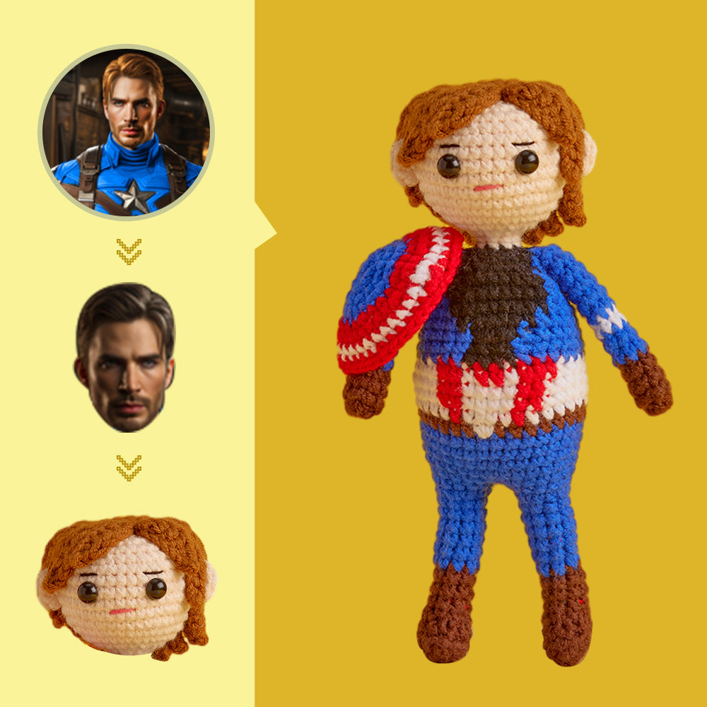 Custom Face Crochet Doll Personalized Gifts Handwoven Mini Dolls - Captain America - Myphotomugs
