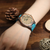 Women's Engraved Wooden Photo Watch Blue Leather Strap - Sandalwood