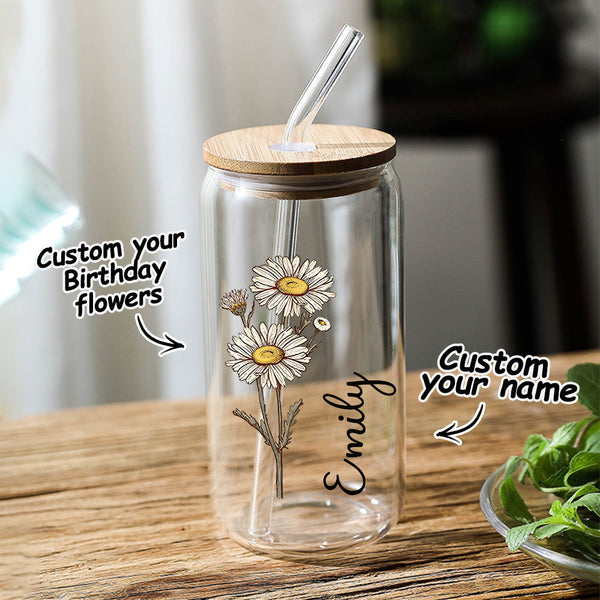 Personalized Name Can Glass with Colorful Birth Flower Custom Can Glass with Straw Gift for Mother Friends Family Bridesmaid - Myphotomugs