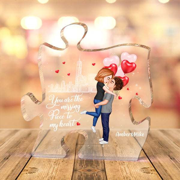 Custom Couple Puzzle Plaque Personalized Hairstyle Clothes and Name Cartoon Valentine's Gifts - Myphotomugs