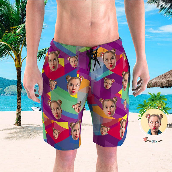 Custom Face Swim Trunks Mens Swim Trunks with Pictures - Color Stitching
