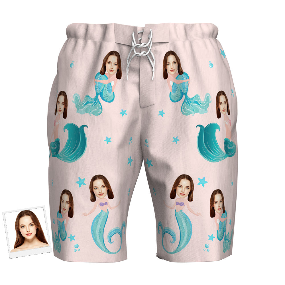 Custom Photo Face Beach Trunk Shorts Mermaid Gifts - Myphotomugs