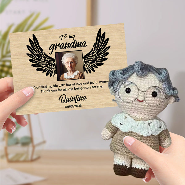 Personalized Crochet Doll Handmade Dolls Look alike Custom Photo with Memorial Card To My Grandma or Grandpa - Myphotomugs