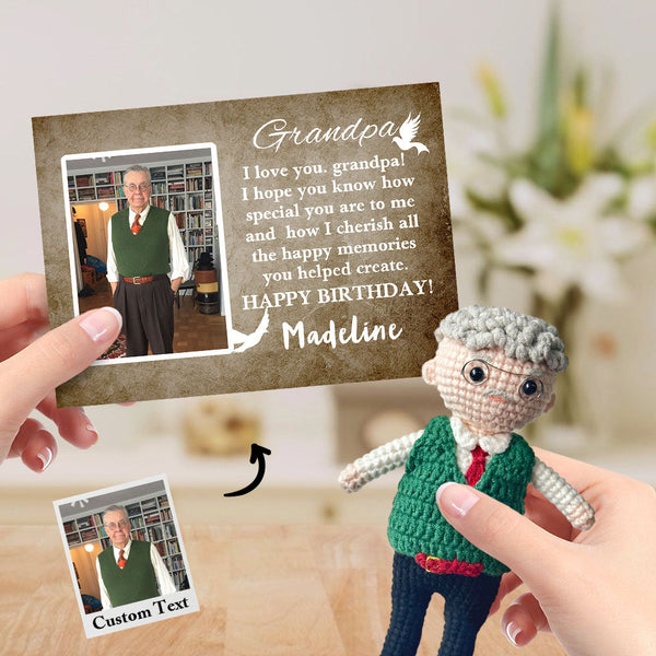Custom Crochet Doll from Photo Handmade Look alike Dolls with Personalized Name Card Birthday Gifts for Grandpa - Myphotomugs