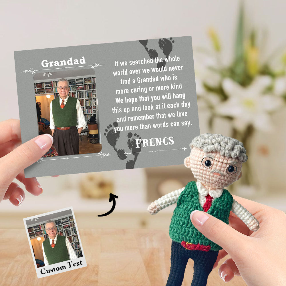 Custom Crochet Doll from Photo Handmade Look alike Dolls Gifts for Grandad with Personalized Name Card - Myphotomugs
