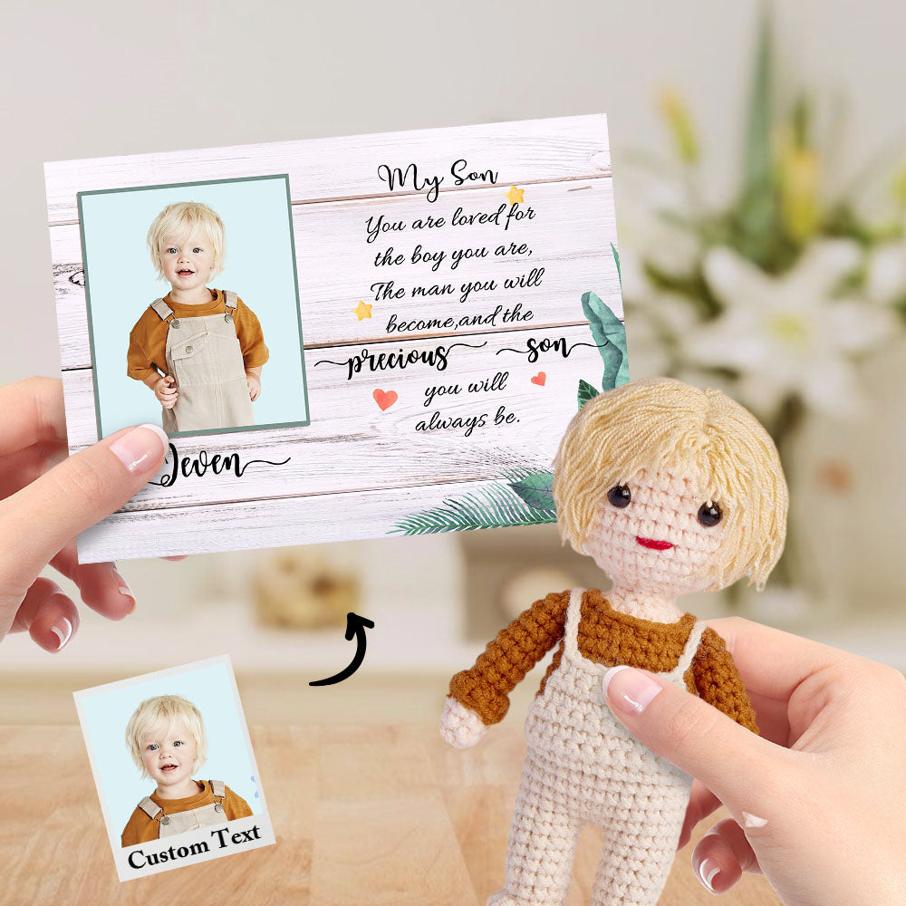 Custom Crochet Doll from Photo Handmade Look alike Dolls Gifts for Son with Personalized Name Card - Myphotomugs