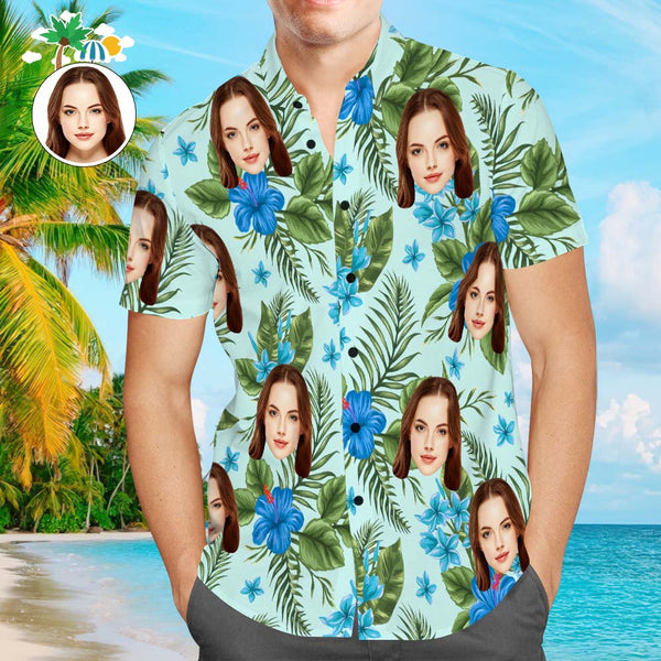 Custom Face Hawaiian Shirt Men's Popular All Over Print Shirt Refreshing Plant Blue Flower Holiday Gift - Myphotomugs