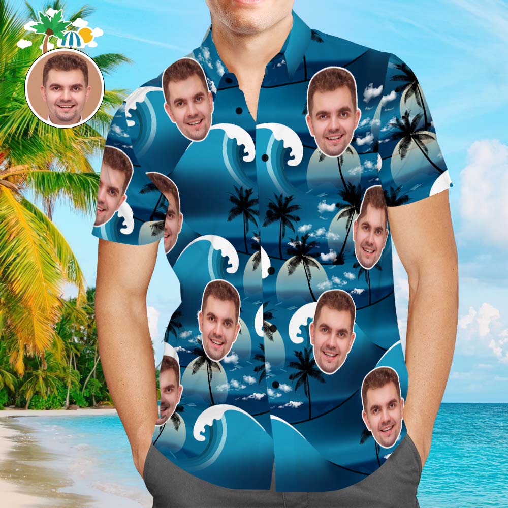 Custom Face Hawaiian Shirt Men's Popular All Over Print Shirt Waves Coconut Tree Holiday Gift - Myphotomugs