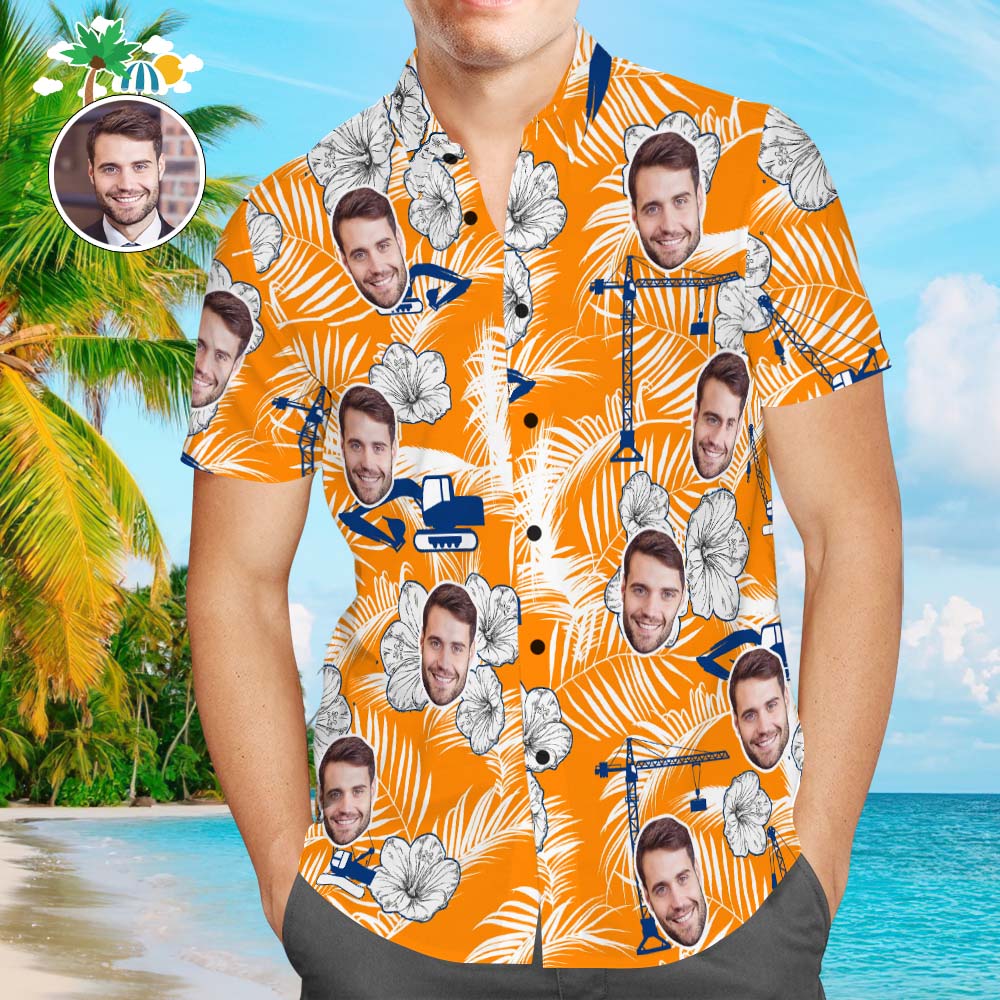 Custom Face Hawaiian Shirt Men's Popular All Over Print Shirt Excavator Crane Holiday Gift - Myphotomugs