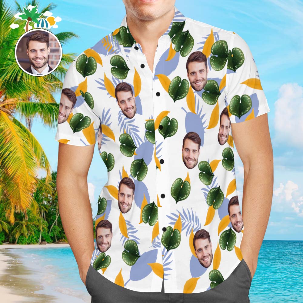 Custom Face Hawaiian Shirt Men's Popular All Over Print Shirt Small Leaves Holiday Gift - Myphotomugs