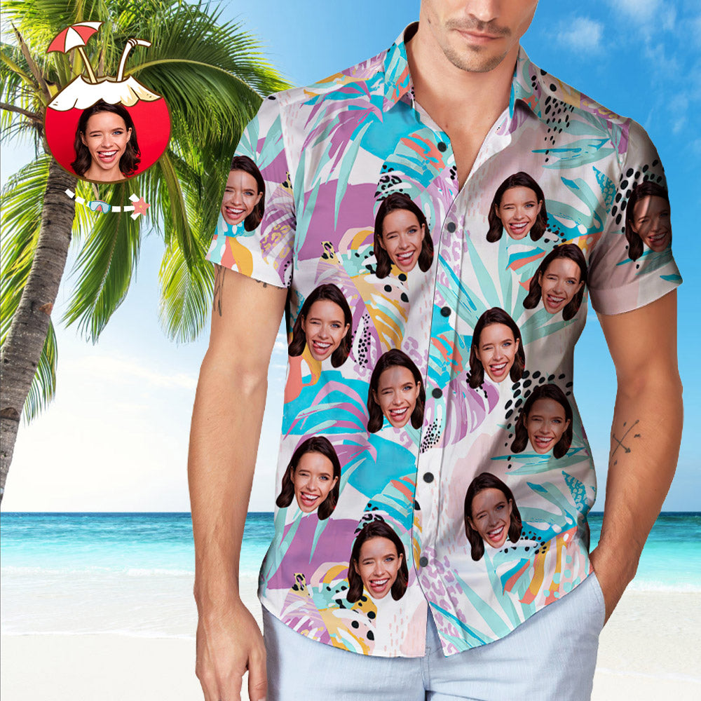 Personalized Photo Hawaiian Shirt Custom Face Tropical Pattern Hawaiian Shirt - Myphotomugs