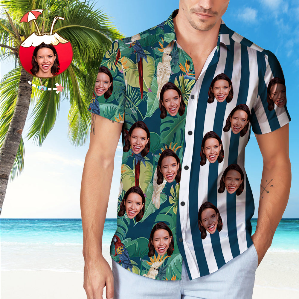 Custom Face Striped Hawaiian Shirt Bird Pattern Hawaiian Shirt for Him - Myphotomugs