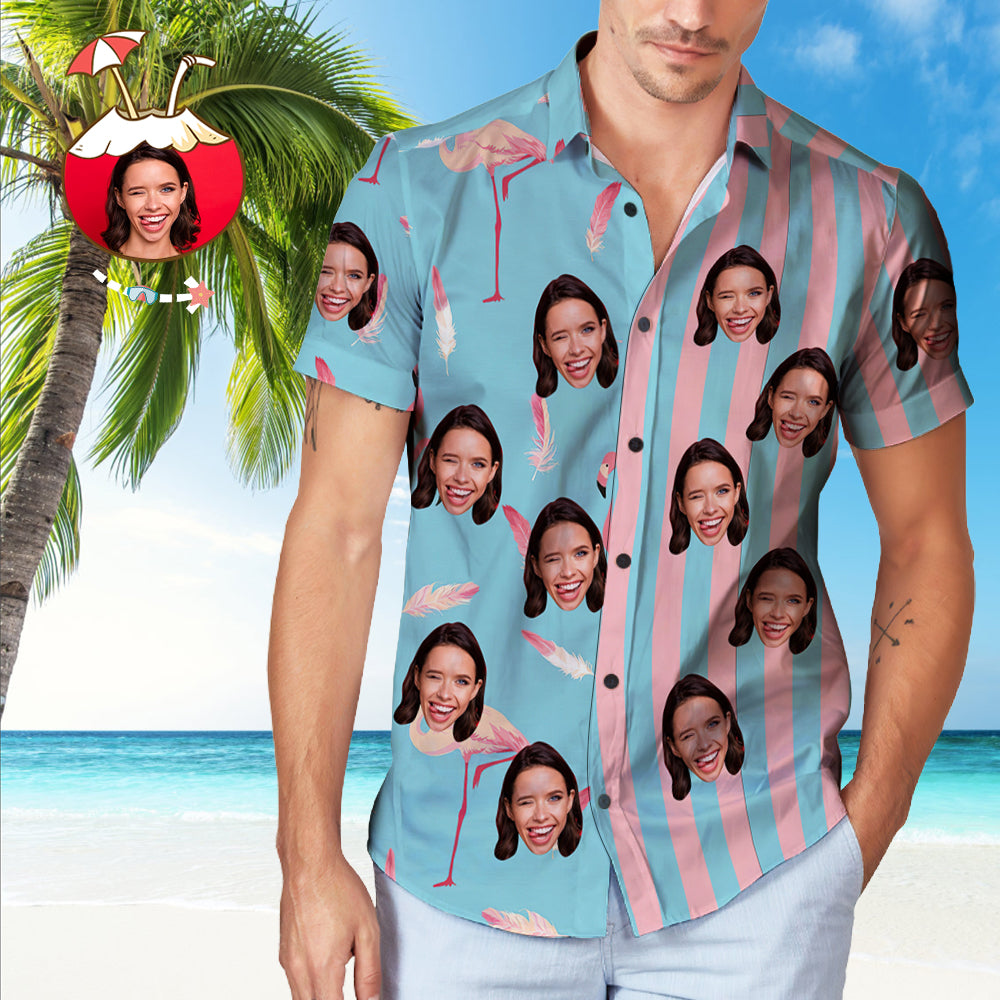 Custom Face Striped Hawaiian Shirt Pink Flamingo Pattern Hawaiian Shirt - Myphotomugs