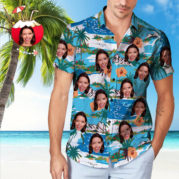 Custom Face Coconut Tree Pattern Hawaiian Shirt Men's Popular All Over Print Shirt - Myphotomugs