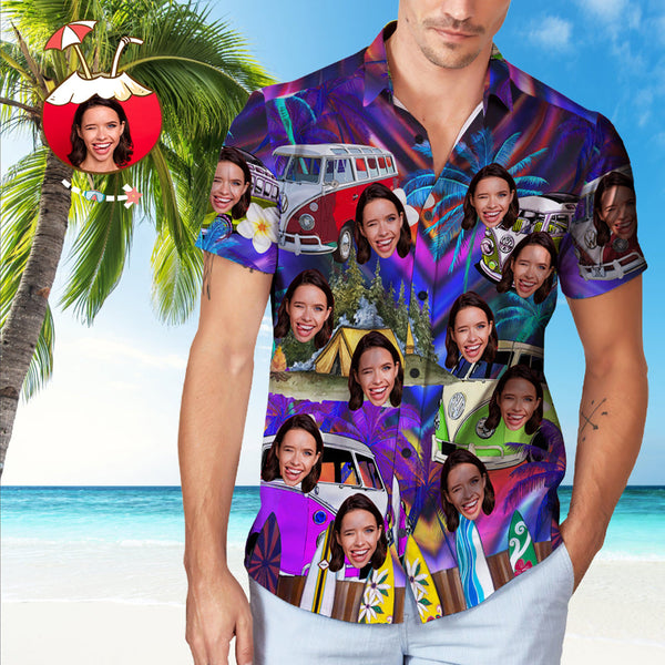 Custom Face Hawaiian Shirt Beach Bus Pattern Hawaiian Shirt - Myphotomugs