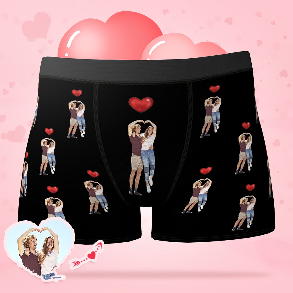Custom Photo Boxer Couple Red Love Heart Underwear Valentine's Day Gift - Men