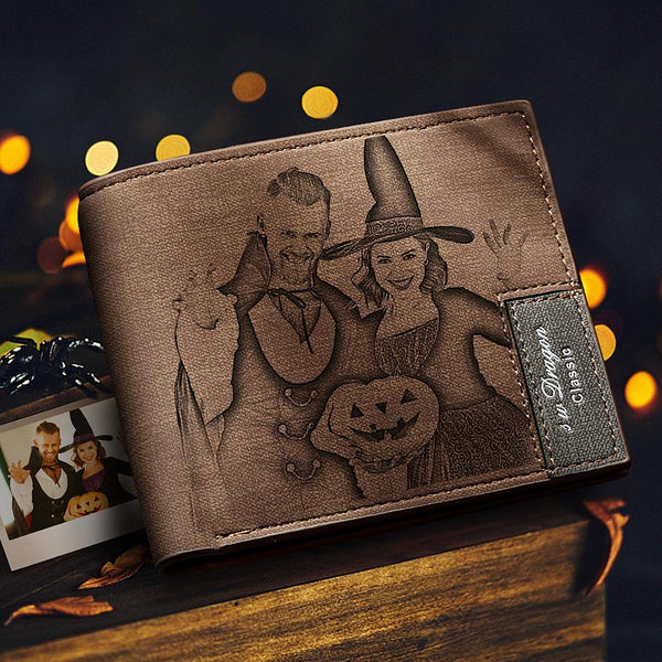 Custom Photo Engraved Short Wallet Brown Halloween Gifts