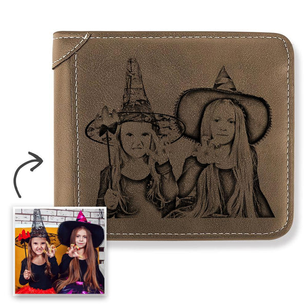 Halloween Gift | Men's Custom Engraved Photo Wallet Brown Leather