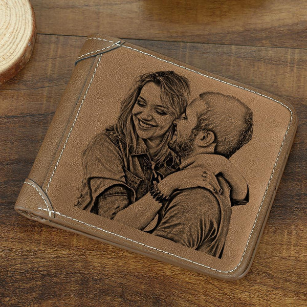 Men's Custom Photo Engraved Wallet Brown Leather Design Online Preview Christmas Gift