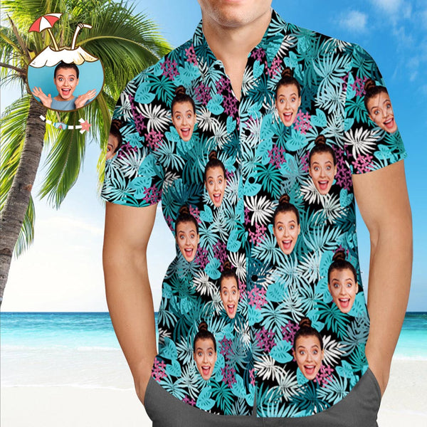 Shirt with Face Custom Face Hawaiian Shirt Colorful Leaves Personalized Tee for Husband