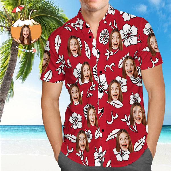 Shirt with Face Custom Face Funky Hawaiian Shirt Red Button Down Shortsleeve Shirts