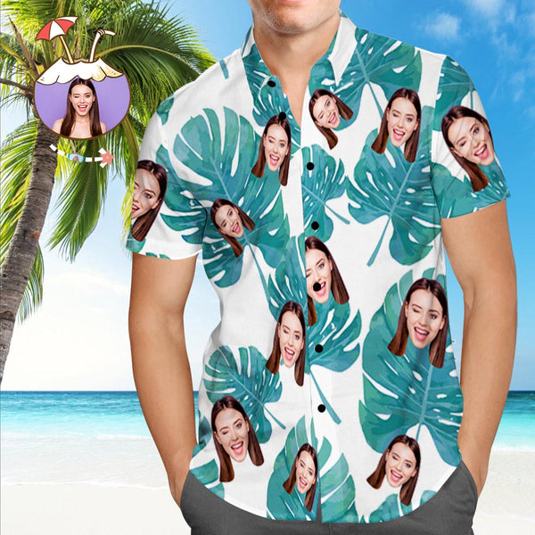 Shirt with Face Custom Girlfriend Face Green Leaves Men's All Over Print Hawaiian Shirt