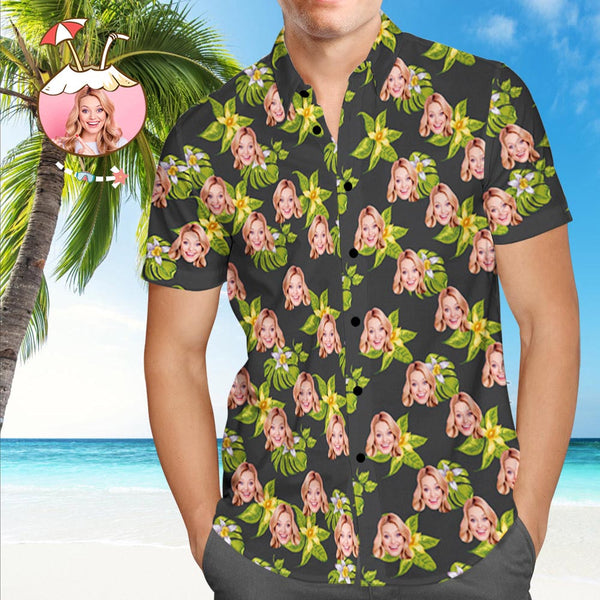 Shirt with Face Custom Face Green Men's All Over Print Hawaiian Shirt