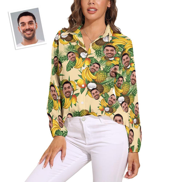 Custom Face Shirts Tropical Fruit Long Sleeves Hawaiian Shirts for Women
