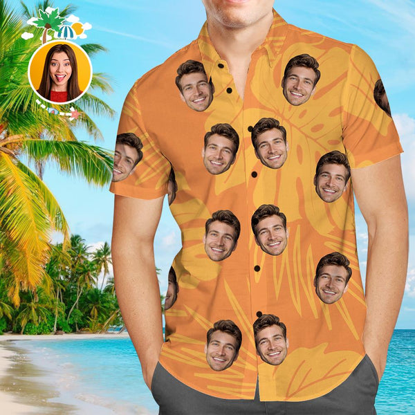 Custom Face Hawaiian Shirt Orange Personalized Tee for Husband