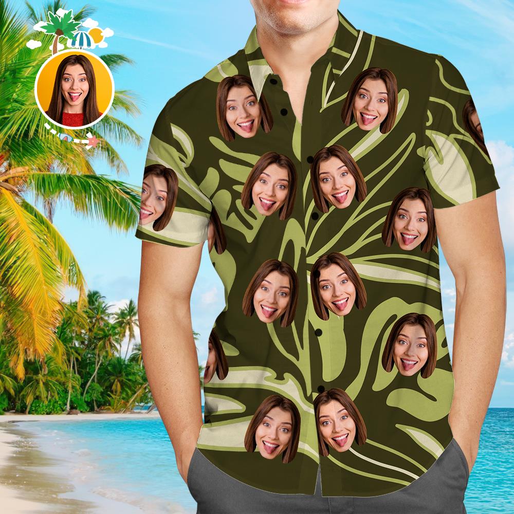 Custom Face Funky Hawaiian Shirt Abstract Leaves Button Down Shirts